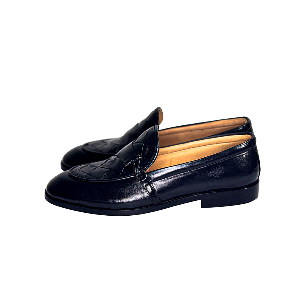 Alfeo Woven Black Leather Loafers by Marvel Leather – Handmade Formal Shoes for Men