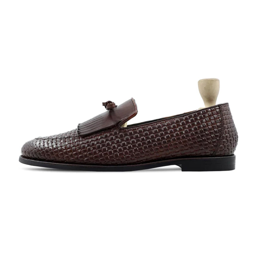 Side profile of Dante brown woven tassel loafers – Marvel Leather