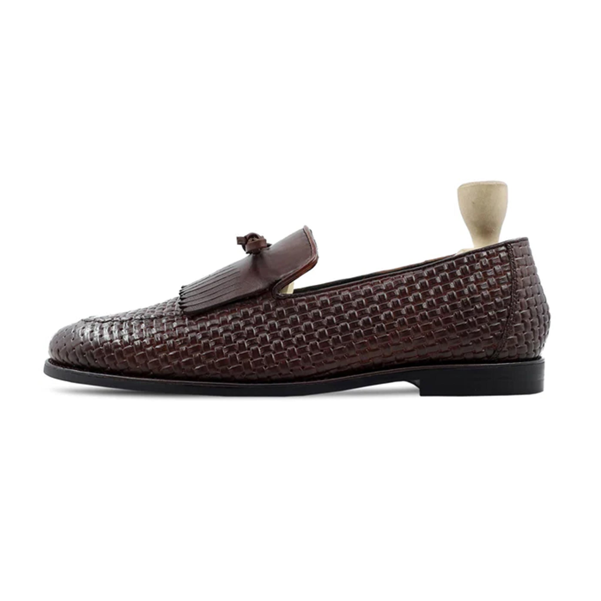 Side profile of Dante brown woven tassel loafers – Marvel Leather
