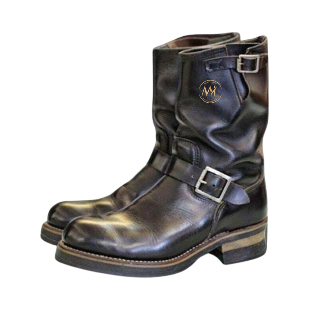 The Monarch Engineer Boot handcrafted from premium black full-grain leather featuring made-to-order luxury craftsmanship by Marvel Leather.