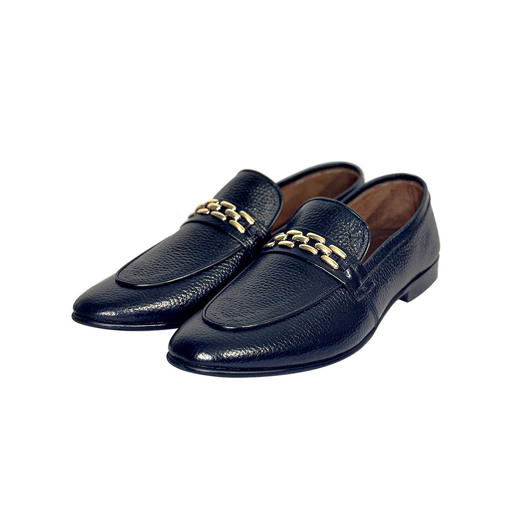 Thiago Chain Accent Black Leather Loafers Side View by Marvel Leather 
