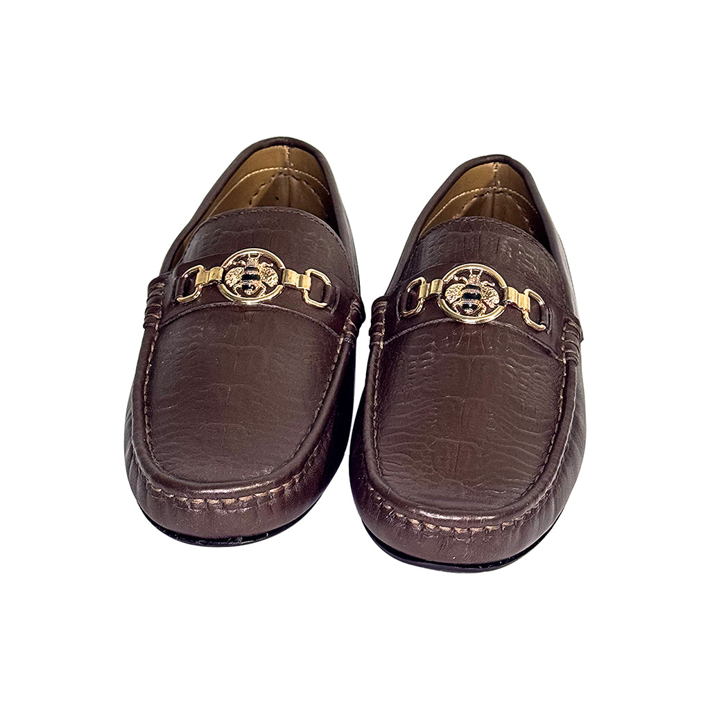 Marvel Leather Tiziano croc textured moccasins with gold bit front view handmade luxury shoes