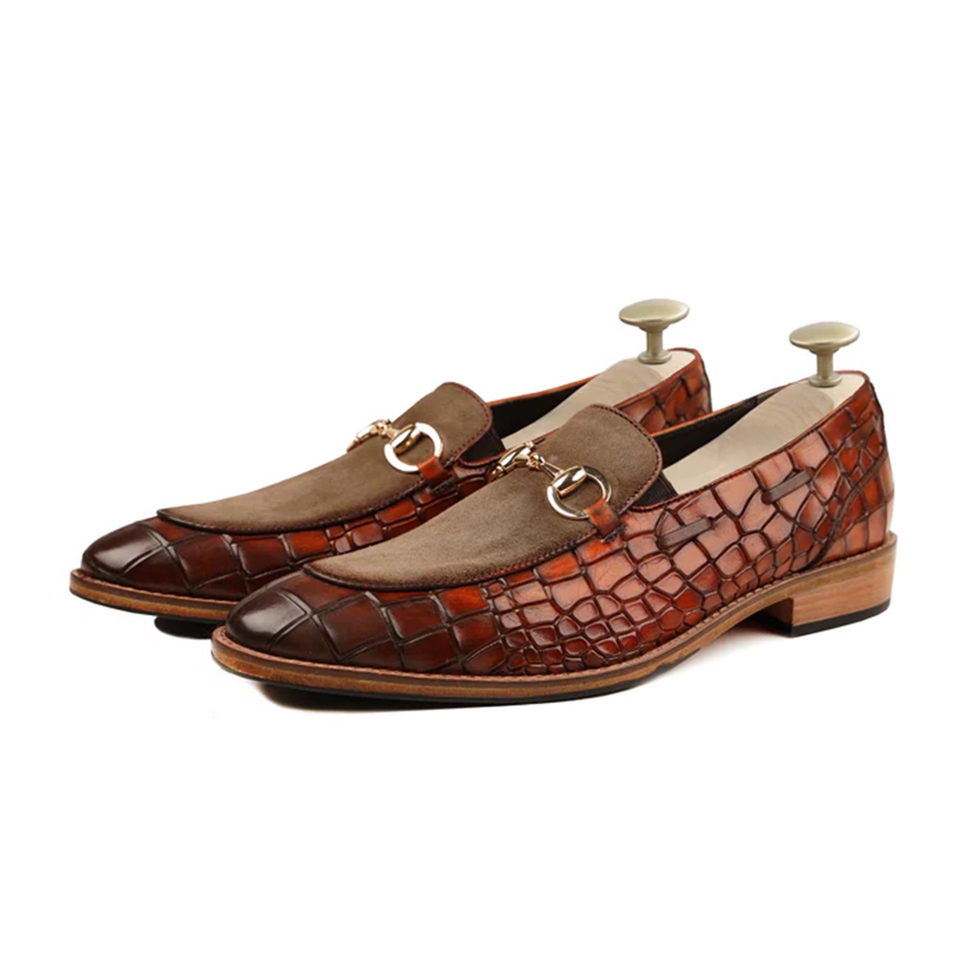 Tobias Croc Embossed Suede Loafers Front View By Marvel Leather 