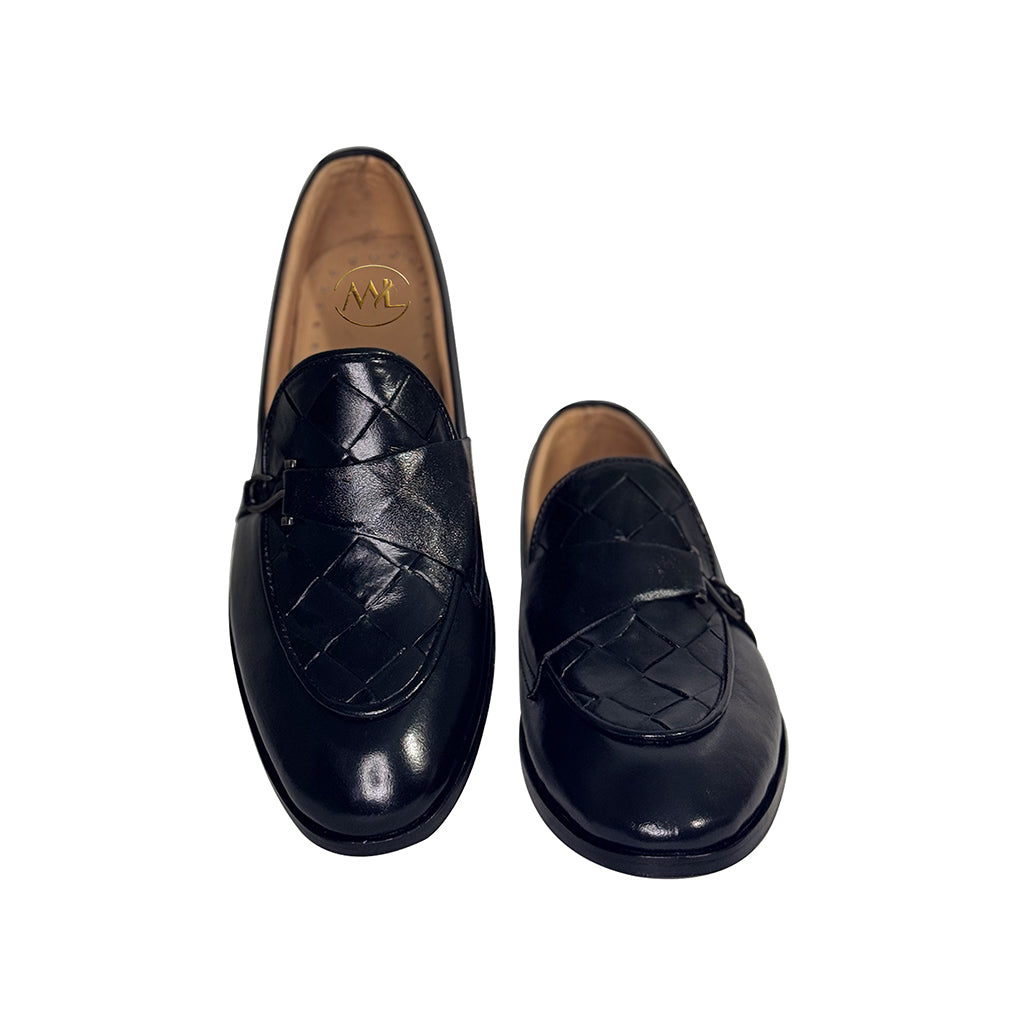 Alfeo Woven Black Leather Loafers by Marvel Leather – Handmade Formal Shoes for Men