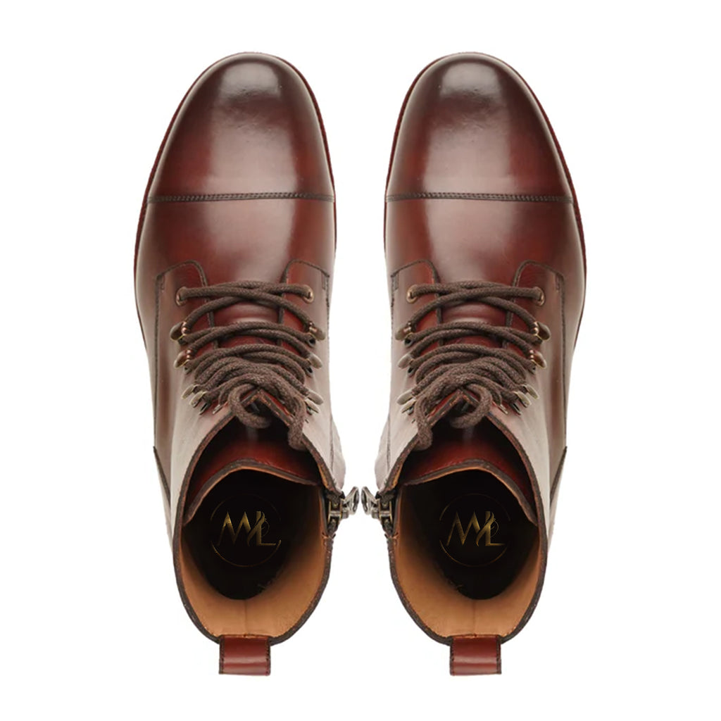 Rivaro Heritage Cap Toe Boots Top View Display. Made in Pakistan by Marvel Leather, Luxury Footwear brand, shipping worldwide 