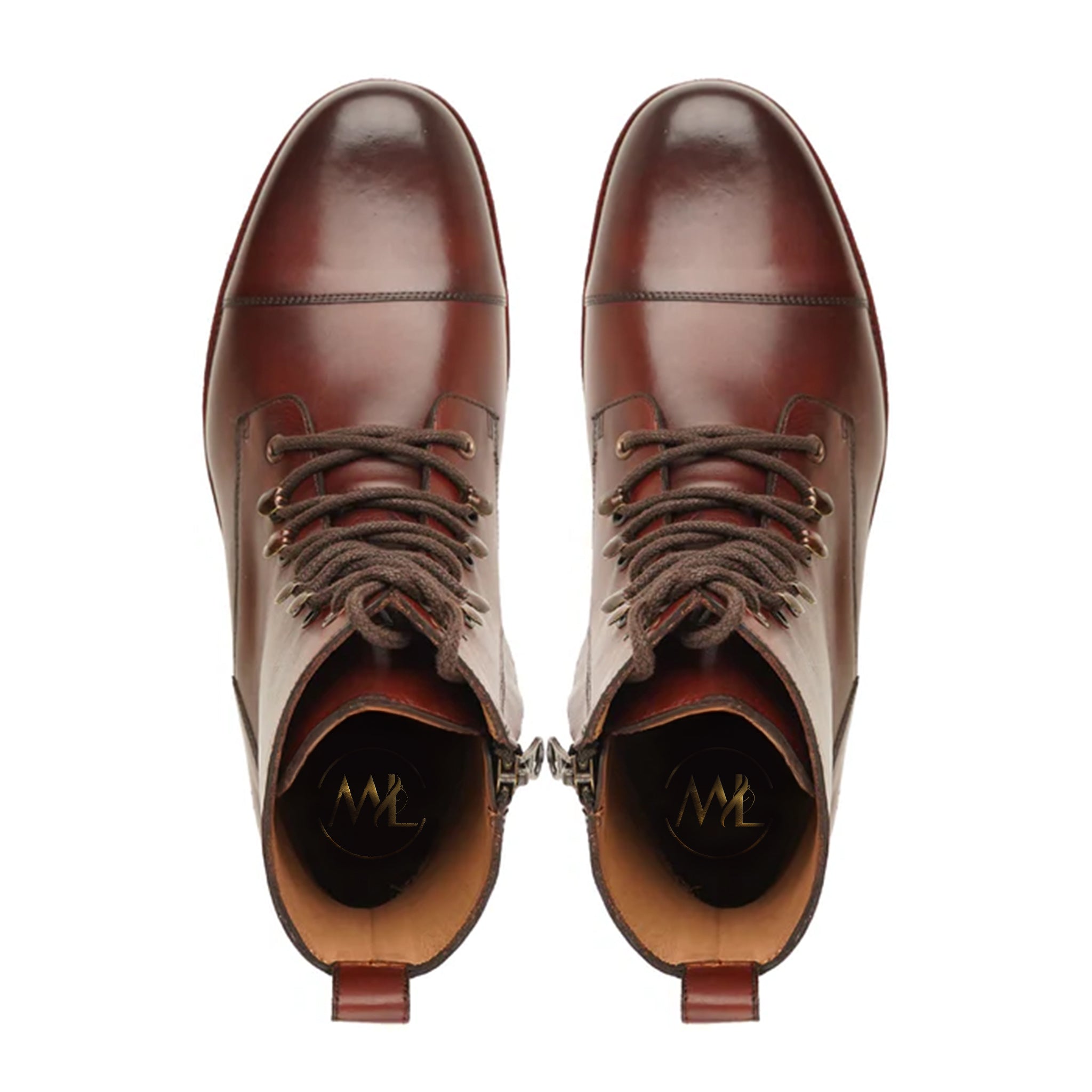 Rivaro Heritage Cap Toe Boots Top View Display. Made in Pakistan by Marvel Leather, Luxury Footwear brand, shipping worldwide 