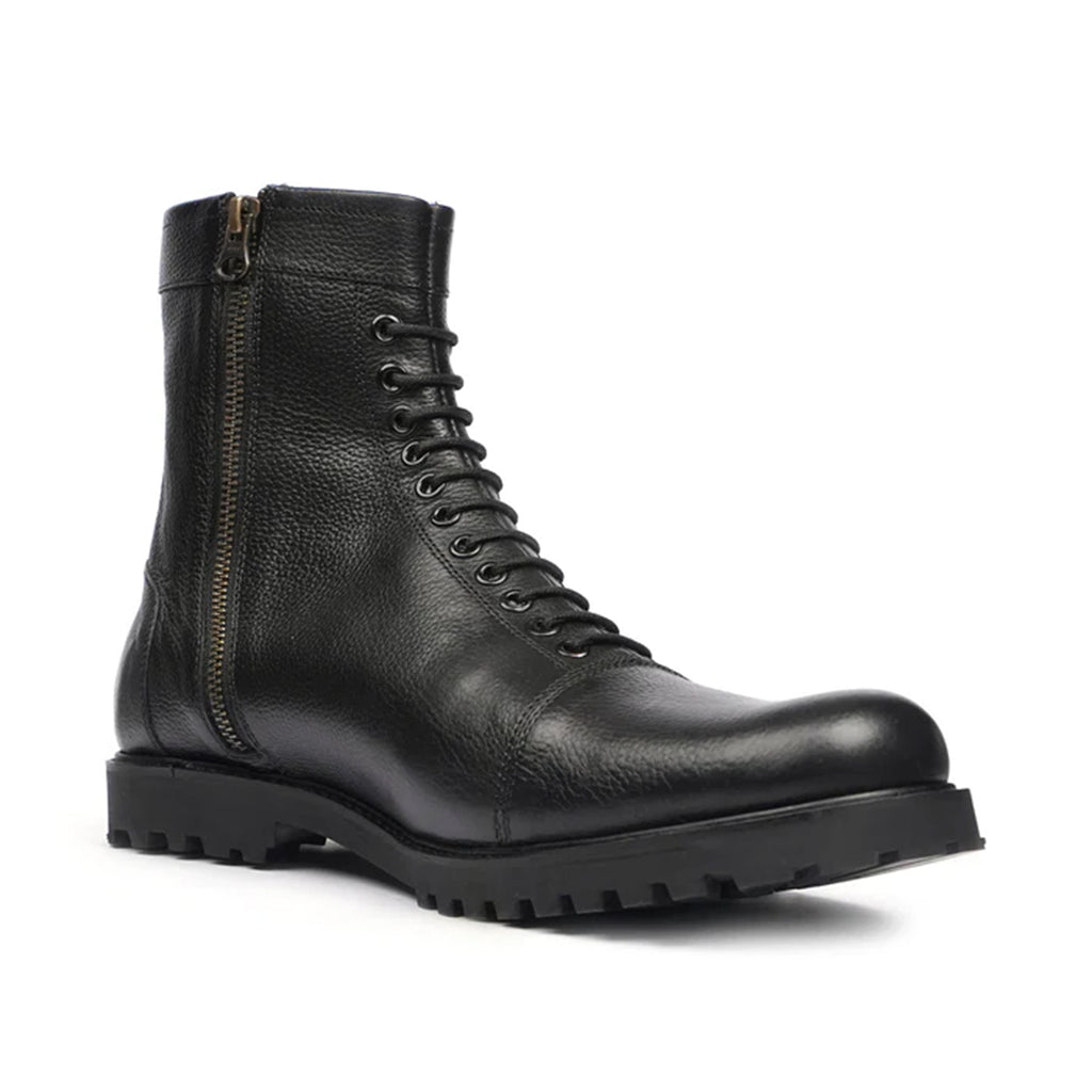 Close-Up of Handmade Leather Finish Valente Classic Combat Boots Zip View