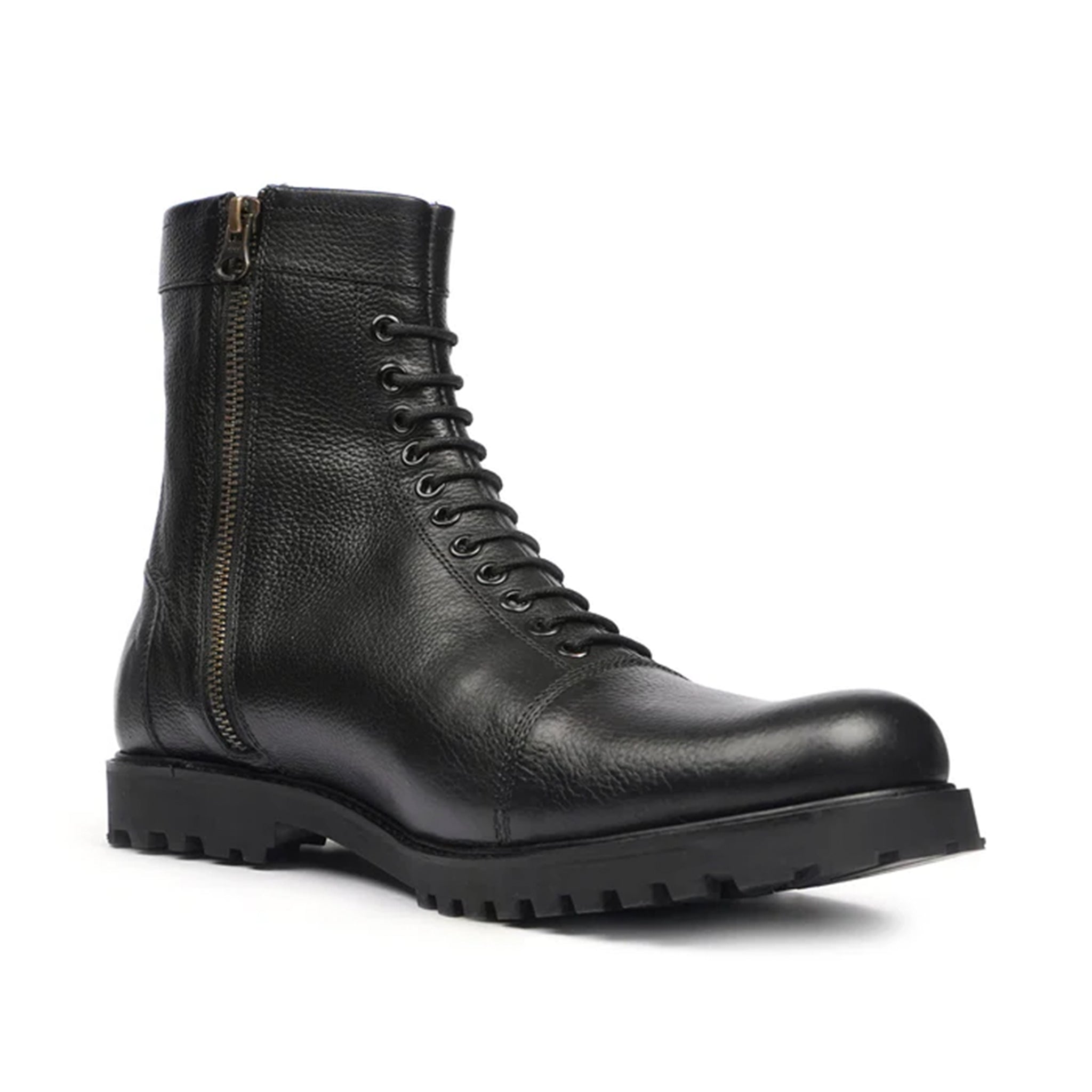 Close-Up of Handmade Leather Finish Valente Classic Combat Boots Zip View