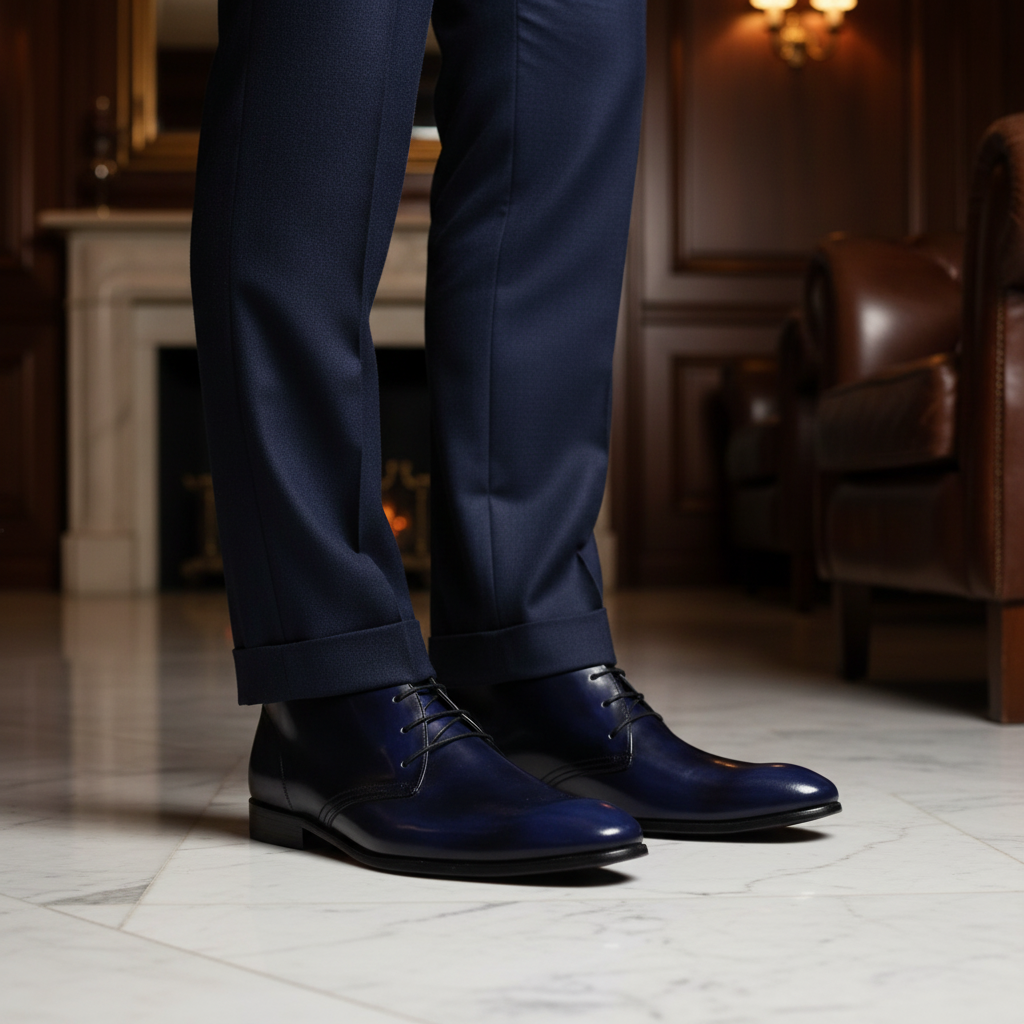 Luxury handmade navy blue leather dress Chukka boots styled with tailored trousers in an elite old money setting
