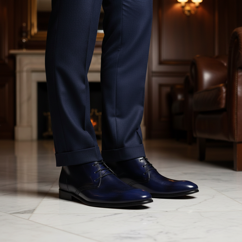 Luxury handmade navy blue leather dress Chukka boots styled with tailored trousers in an elite old money setting