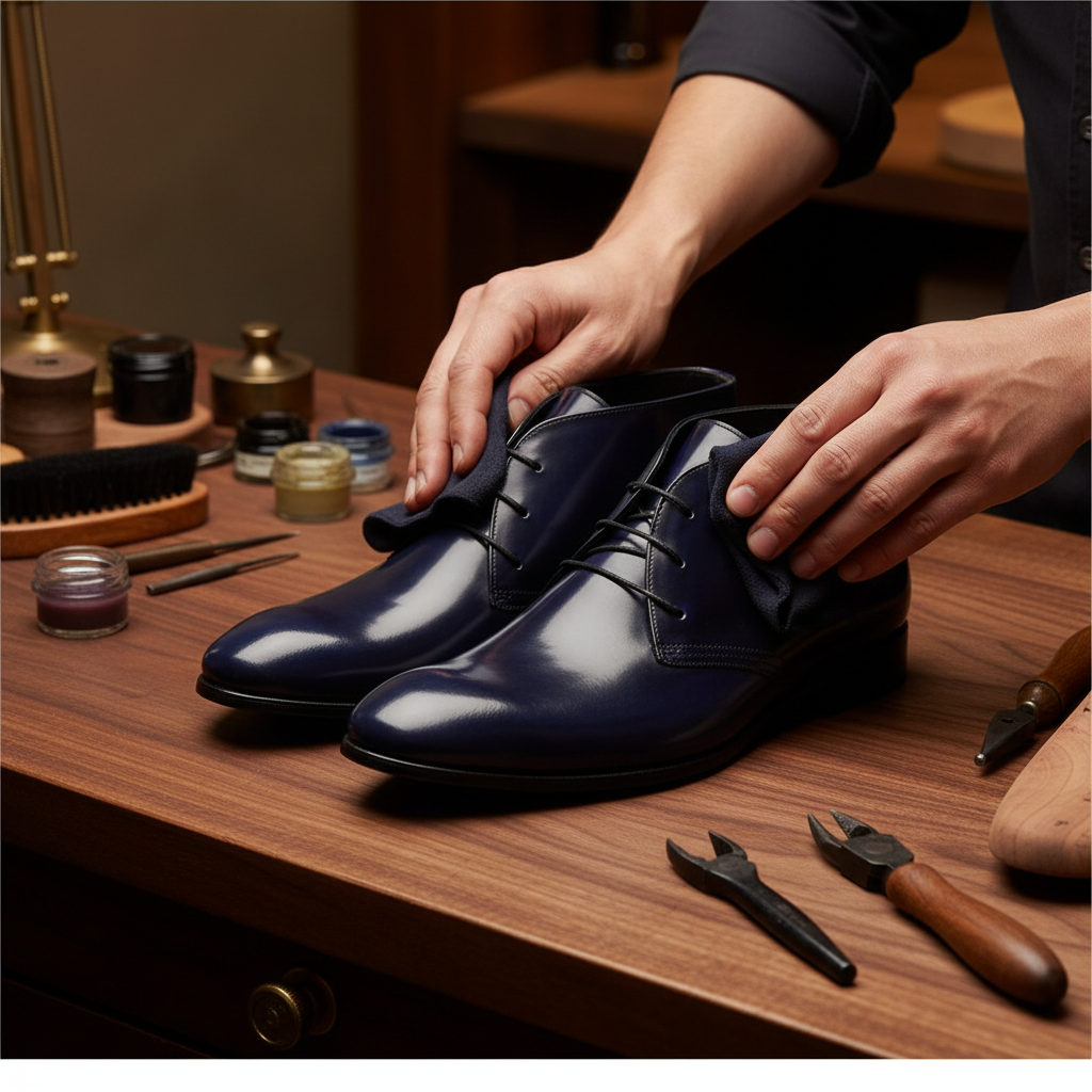 Skilled artisan applying premium wax and hand polishing luxury navy blue leather dress Chukka boots