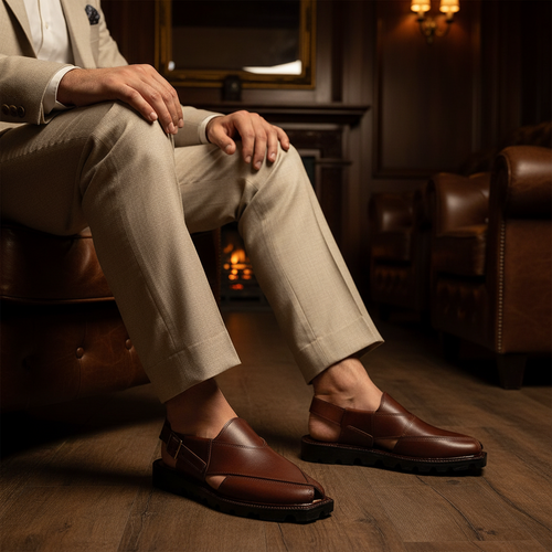 Luxury handmade Afridi Peshawari chappal sandals styled with tailored trousers in an old money setting