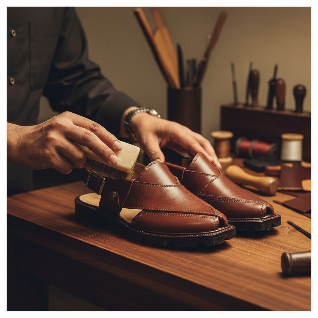 Skilled artisan applying premium wax and hand polishing luxury Afridi Peshawari chappal sandals