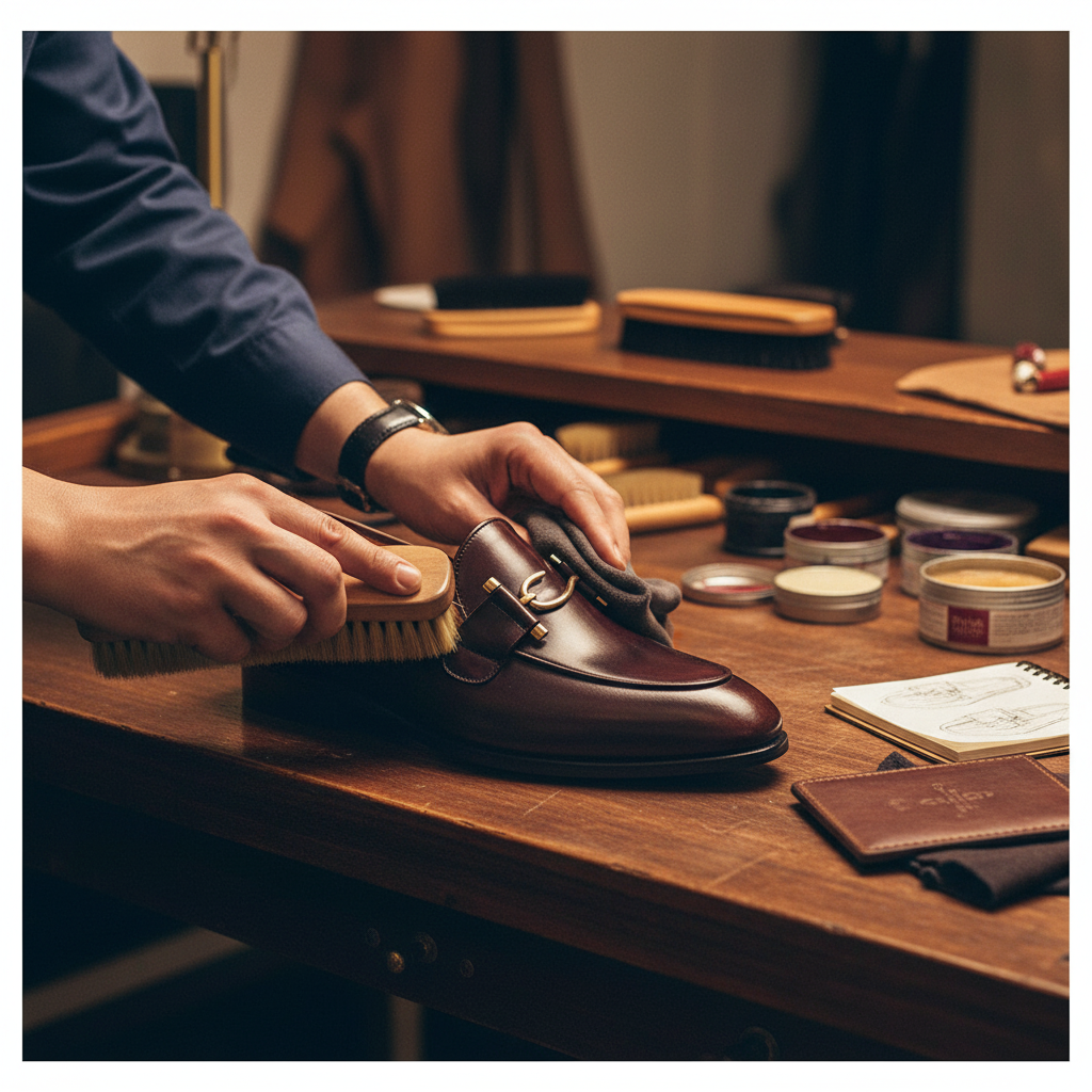 Skilled artisan applying premium wax and hand polishing to luxury horsebit penny loafers