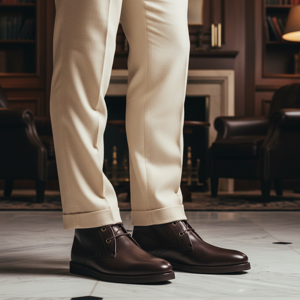 Luxury handmade brown leather Chukka boots styled with tailored trousers in an elite old money setting
