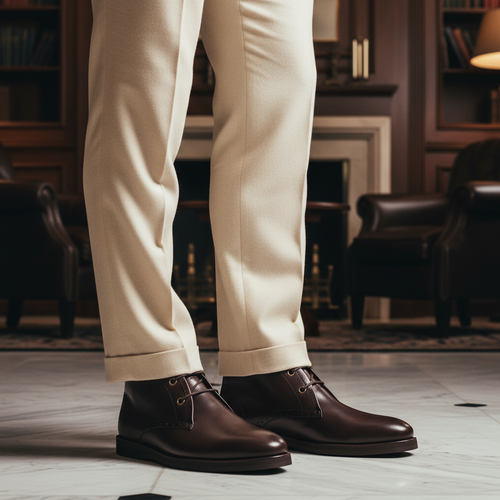 Luxury handmade brown leather Chukka boots styled with tailored trousers in an elite old money setting