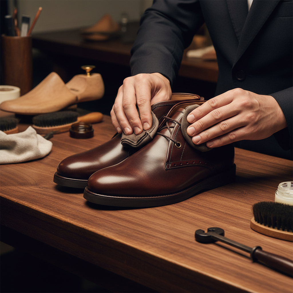 Skilled artisan applying premium wax and hand polishing luxury brown leather Chukka boots