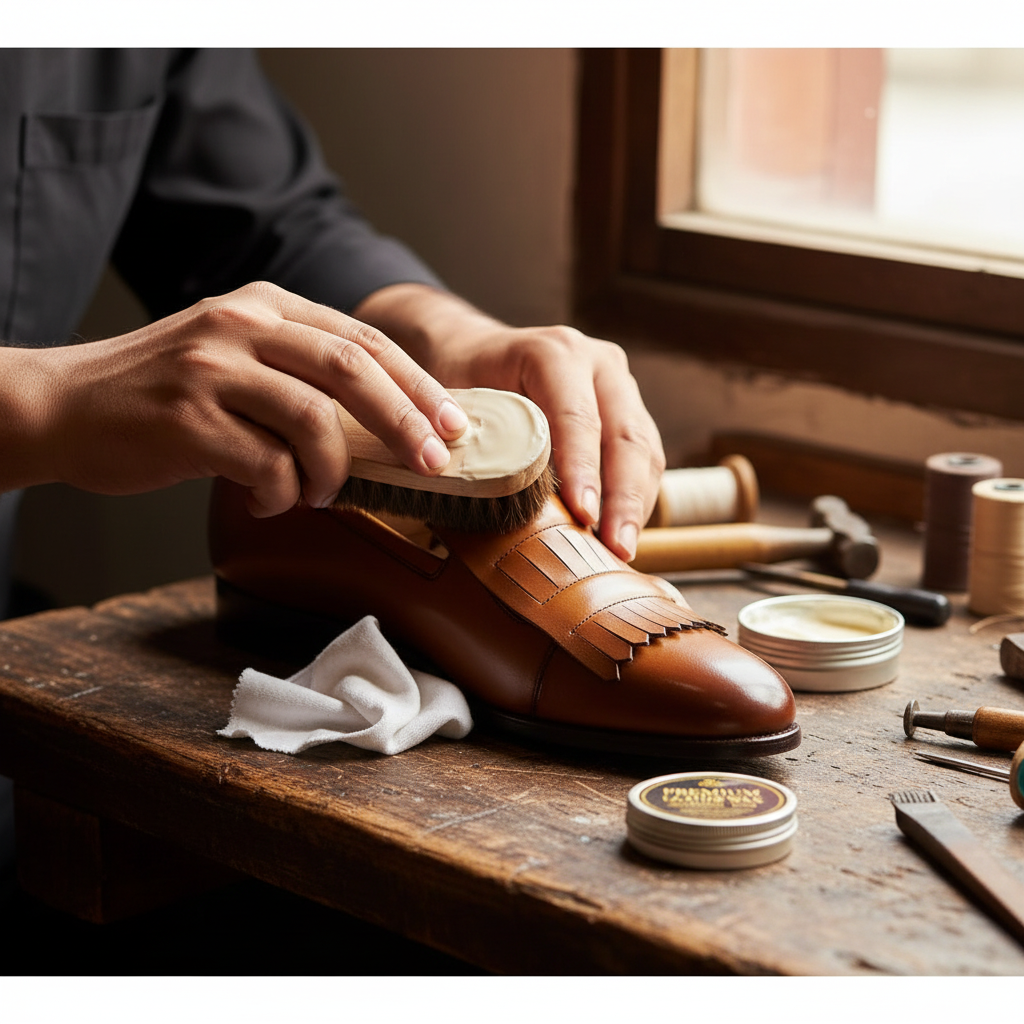 Artisan hand polishing the Albin Dual Buckle Fringe Leather Loafers during the final finishing process at Marvel Leather.