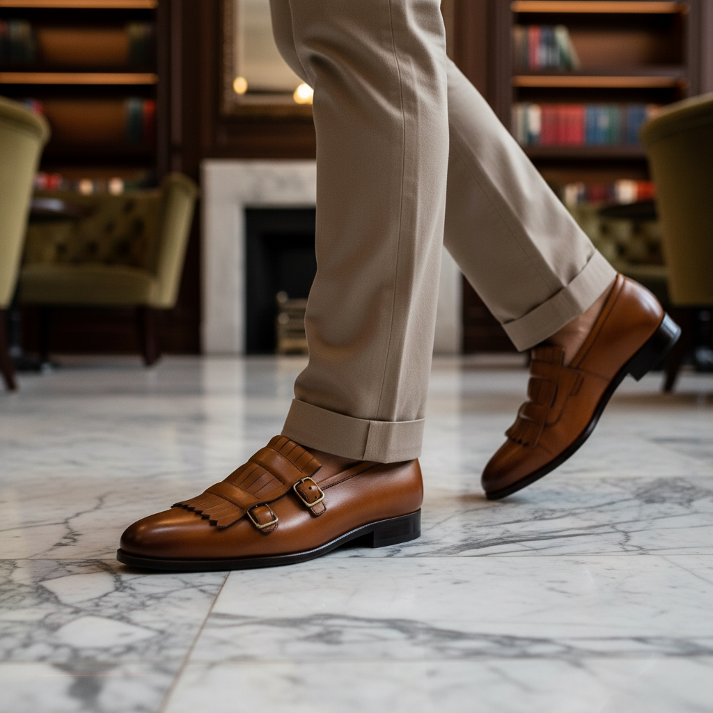 Luxury lifestyle image featuring the Albin Dual Buckle Fringe Leather Loafers handcrafted by Marvel Leather and worn in an upscale smart-casual setting.