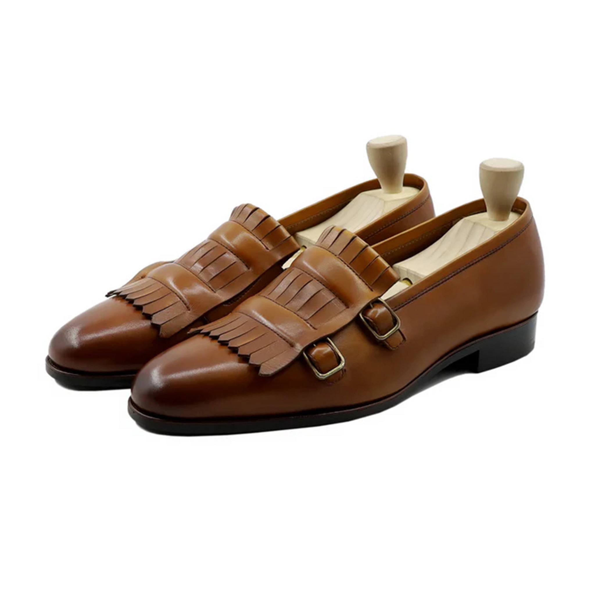 Albin Dual Buckle Fringe Leather Loafers Front View – Marvel Leather Men's Luxury Formal Shoes