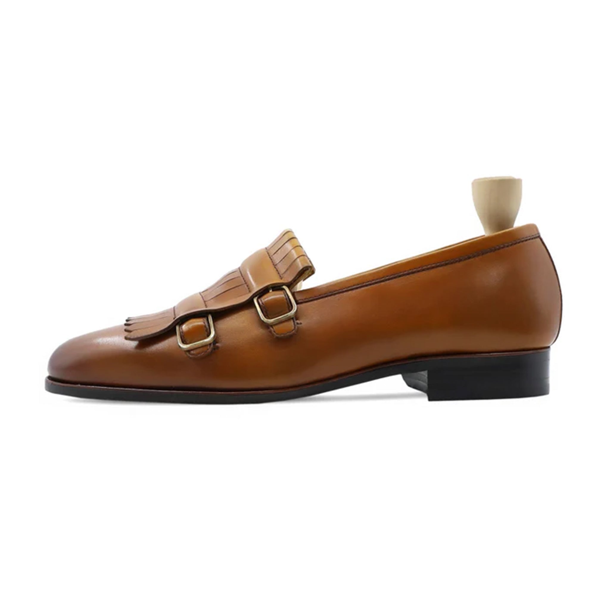 Side View of Albin Buckle Fringe Leather Loafers – Premium Handcrafted Tan Leather Shoes