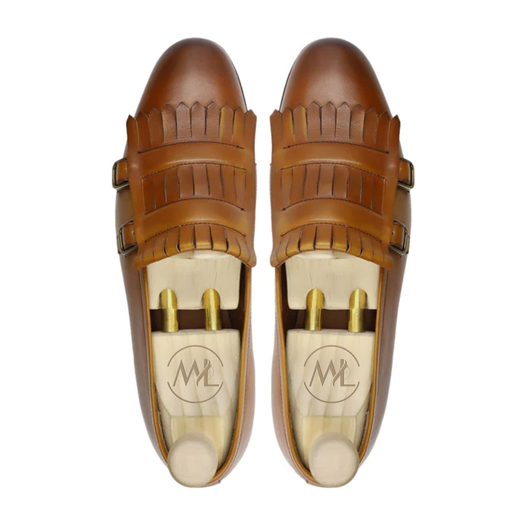 Top View of Marvel Leather Albin Tan Dual Buckle Fringe Loafers – Made to Order