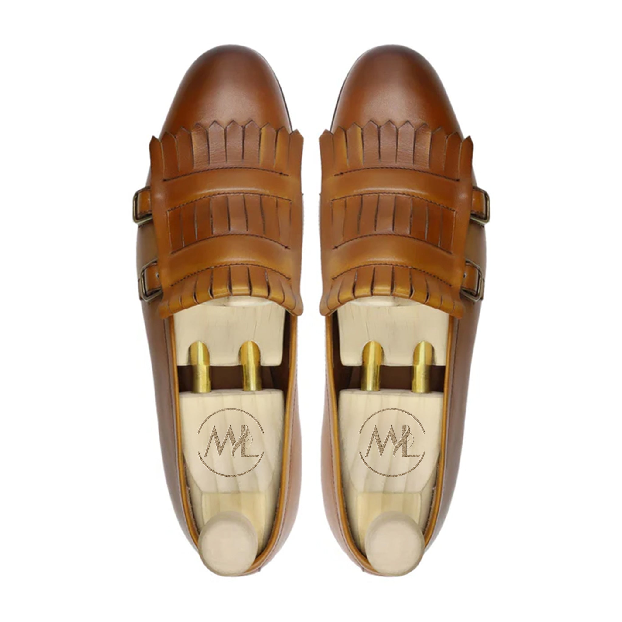 Top View of Marvel Leather Albin Tan Dual Buckle Fringe Loafers – Made to Order