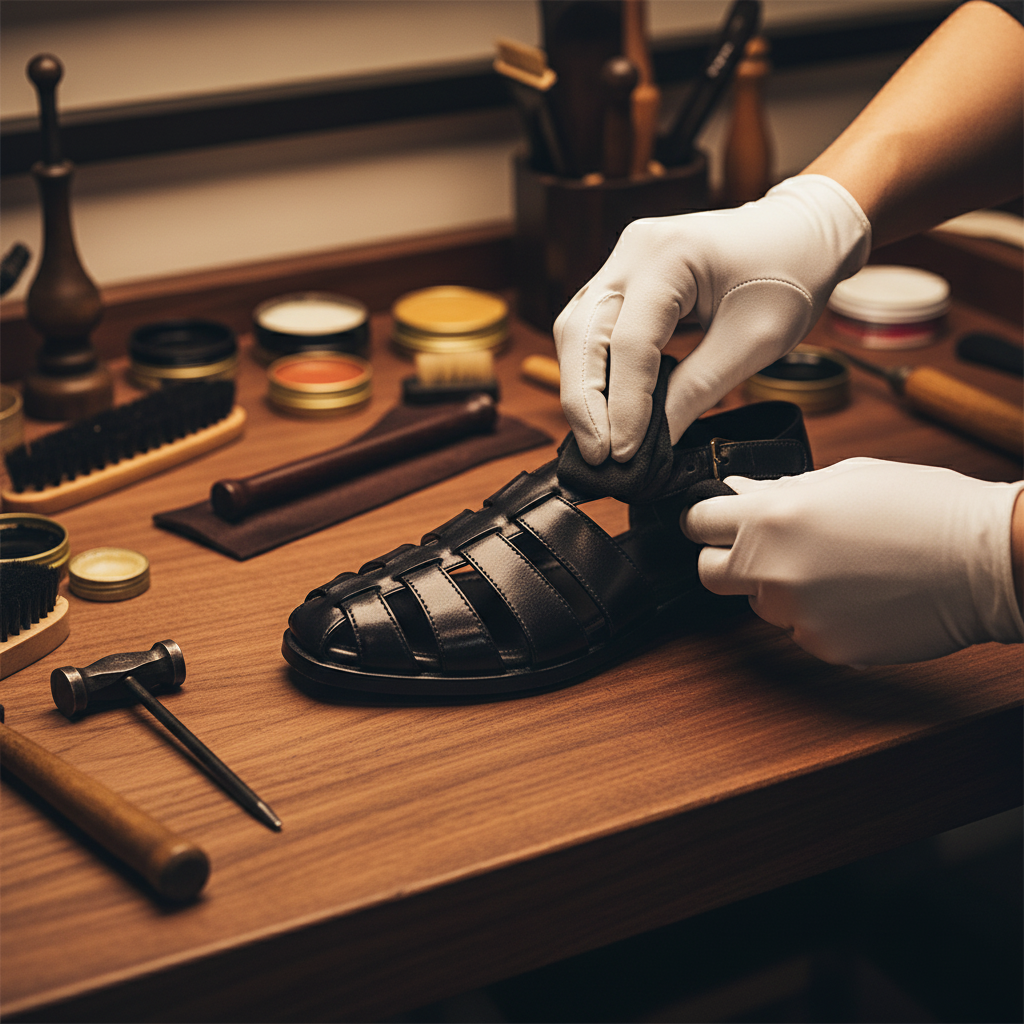 Skilled artisan applying premium wax and hand polishing to luxury classic gladiator leather sandals
