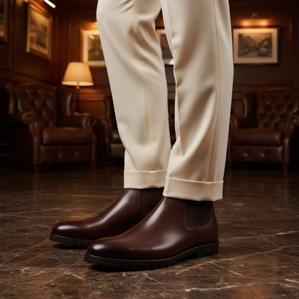 Luxury handmade brown leather rugged sole Chelsea boots styled with tailored trousers in an elite old money setting
