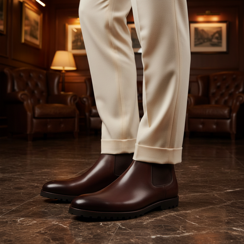 Luxury handmade brown leather rugged sole Chelsea boots styled with tailored trousers in an elite old money setting
