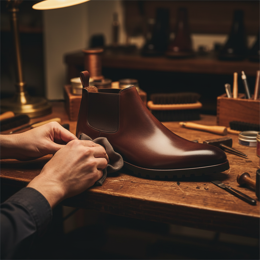 Skilled artisan applying premium wax and hand polishing luxury brown leather rugged sole Chelsea boots