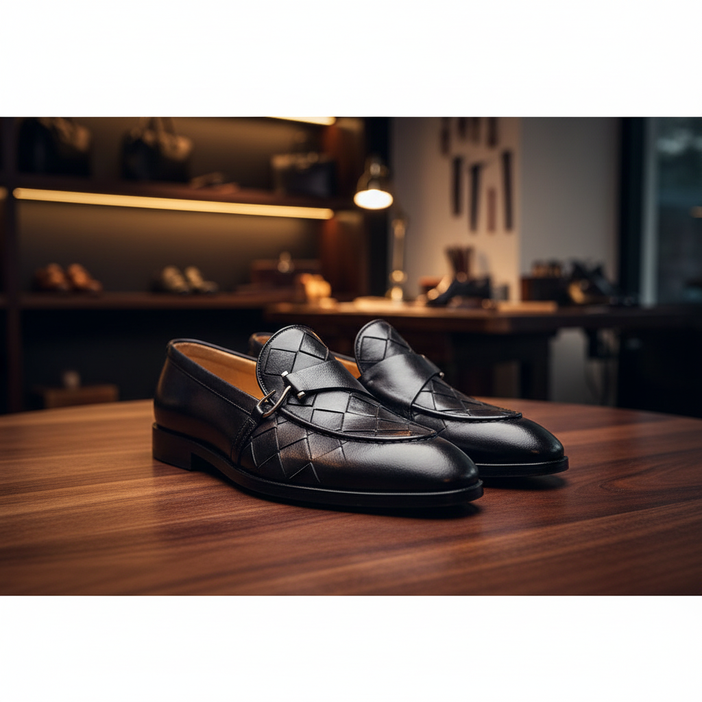Hand finished woven black leather loafers crafted from premium full grain leather