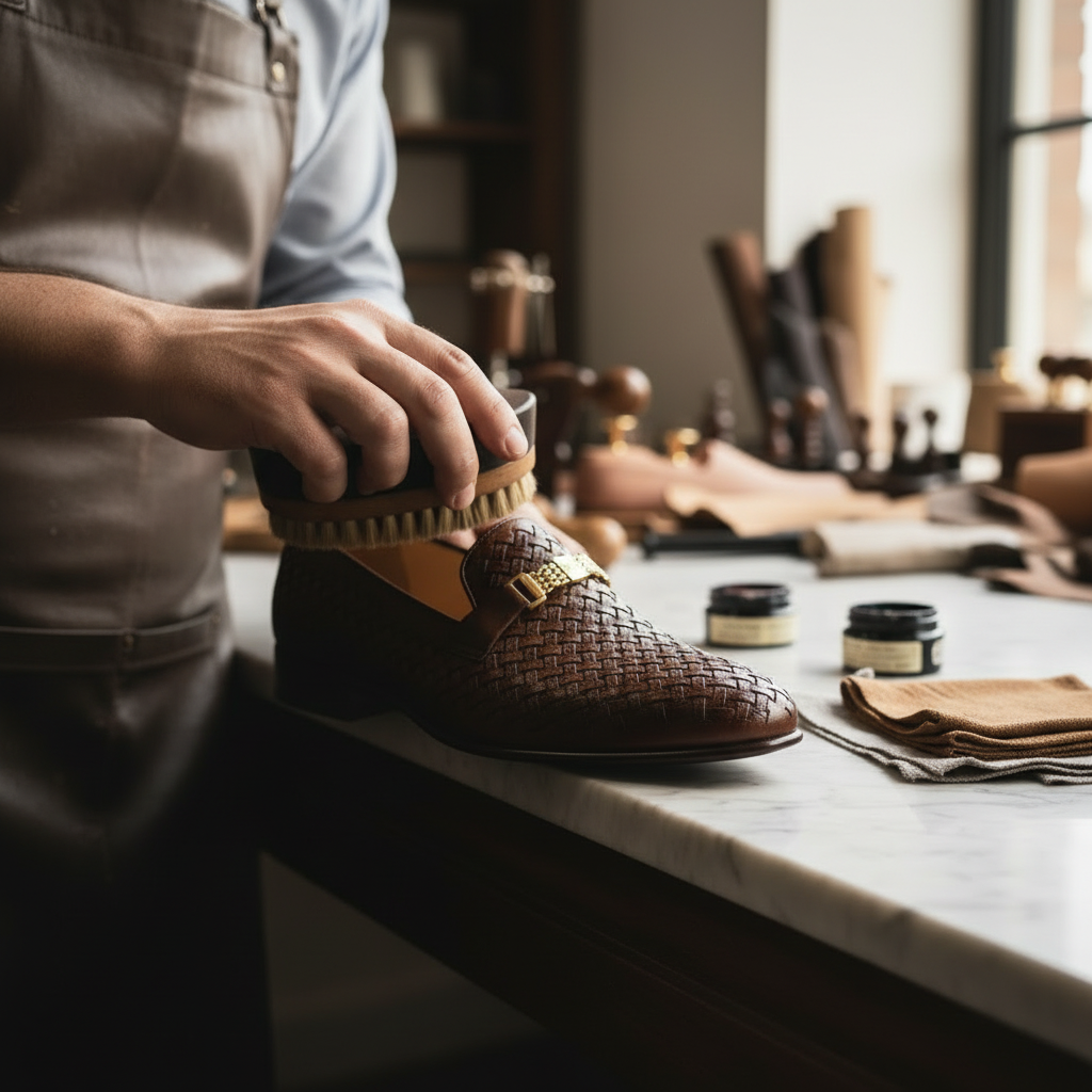 Skilled artisan applying premium polish to luxury woven leather horsebit loafers