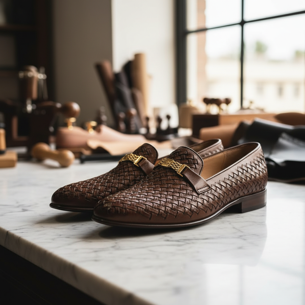 Hand finished patina woven leather horsebit loafers crafted from premium full grain leather