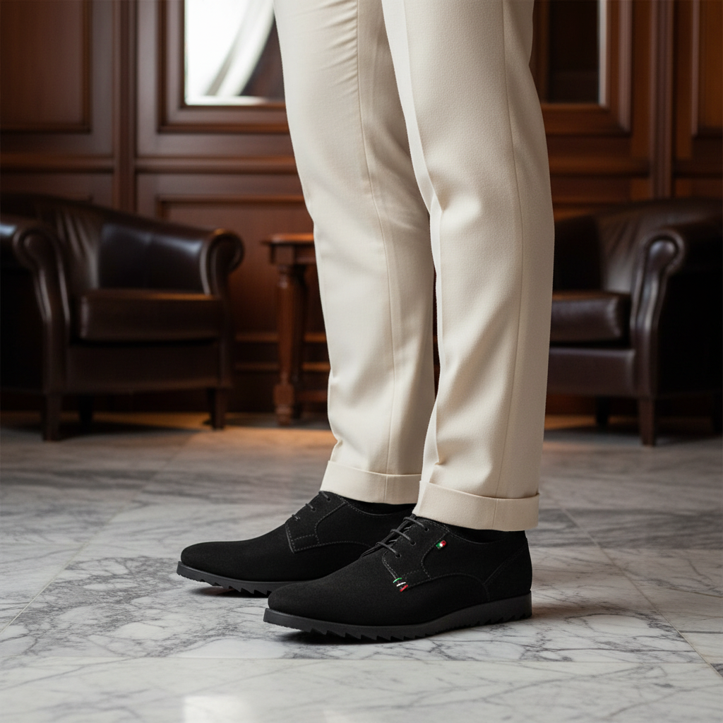 Luxury handmade black suede casual Oxford shoes styled with tailored trousers in an elite old money setting