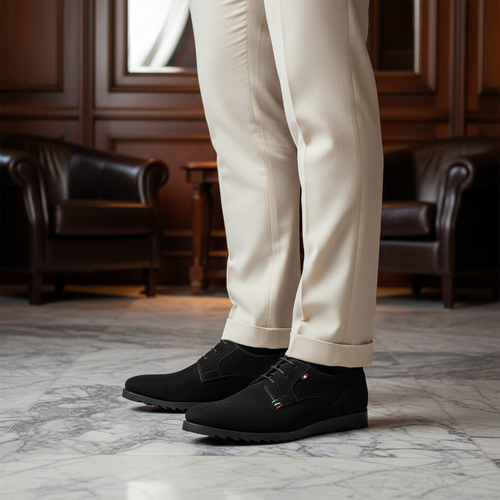 Luxury handmade black suede casual Oxford shoes styled with tailored trousers in an elite old money setting