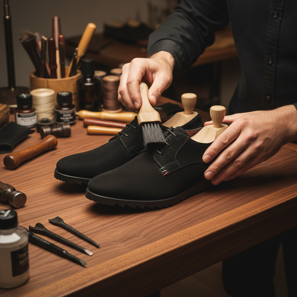 Skilled artisan applying premium finishing treatment to luxury black suede casual Oxford shoes