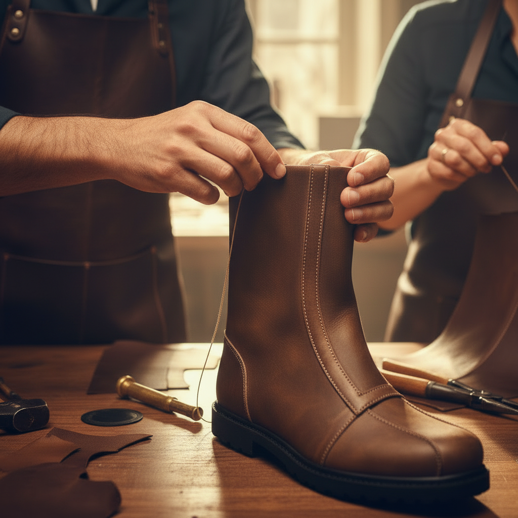 Experienced artisan handcrafting luxury Atlas bespoke nubuck leather long boots using traditional shoemaking techniques