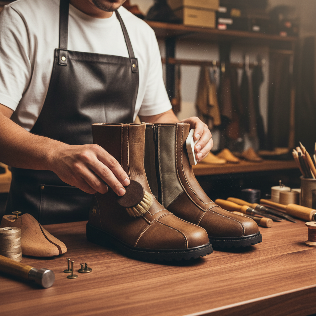 Skilled artisan brushing and finishing luxury Atlas bespoke nubuck leather long boots using traditional techniques