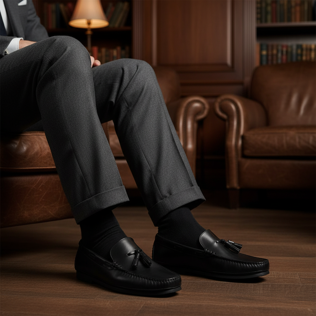 Luxury handmade black tassel leather loafers styled with tailored trousers in an old money setting