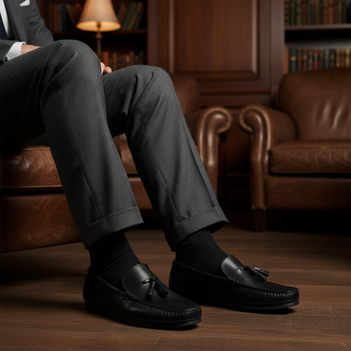 Luxury handmade black tassel leather loafers styled with tailored trousers in an old money setting