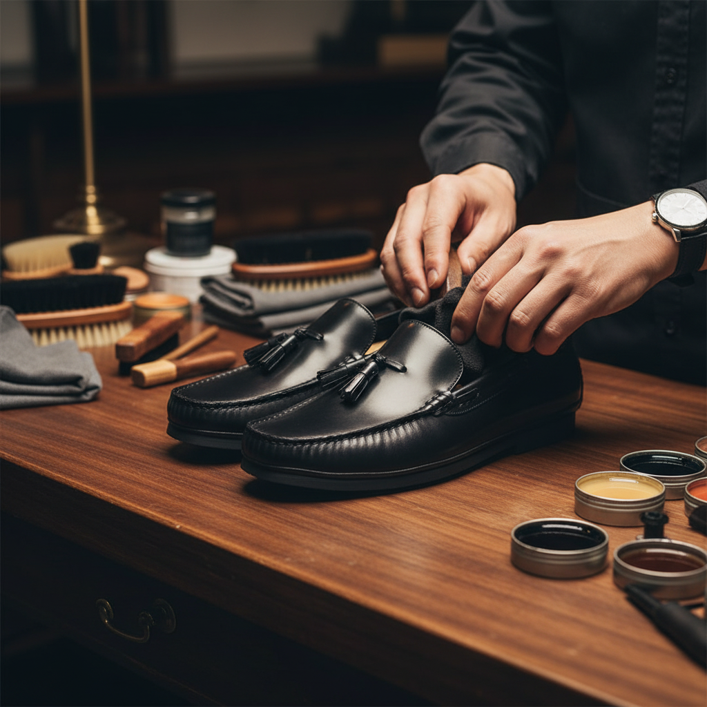 Skilled artisan applying premium wax and hand polishing luxury black tassel leather loafers