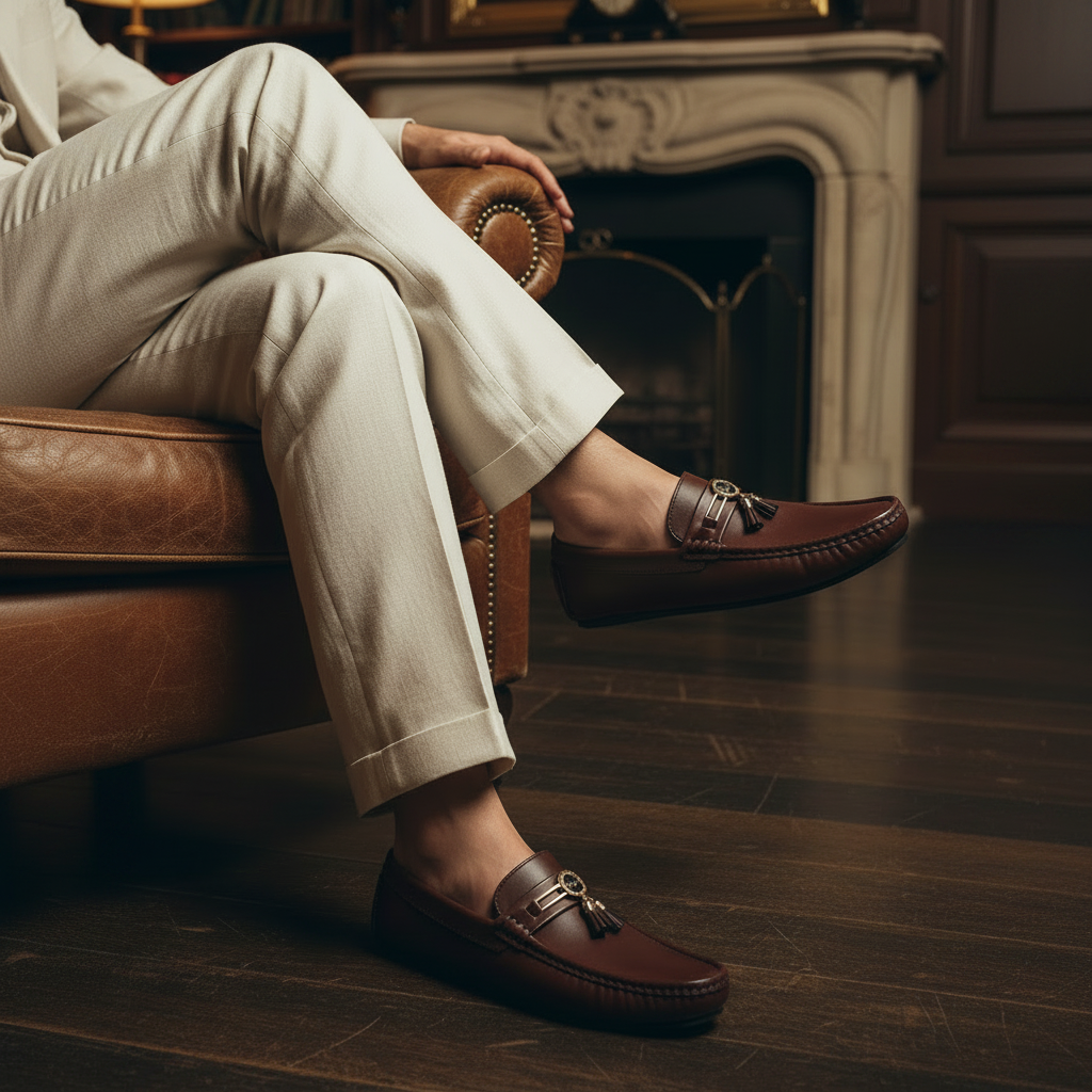 Luxury handmade tassel charm leather moccasin loafers styled with elegant trousers in an old money setting