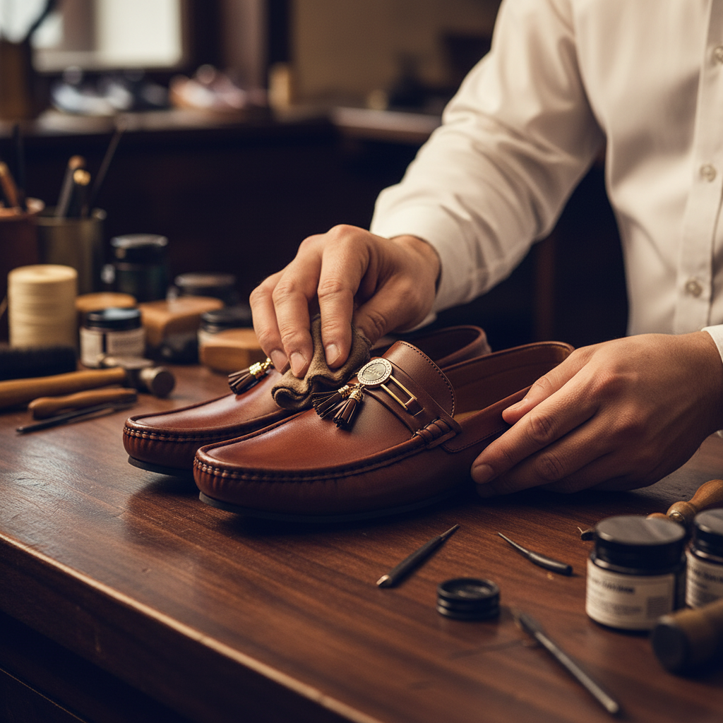 Skilled artisan applying hand-finished patina and premium polish to luxury leather moccasin loafers