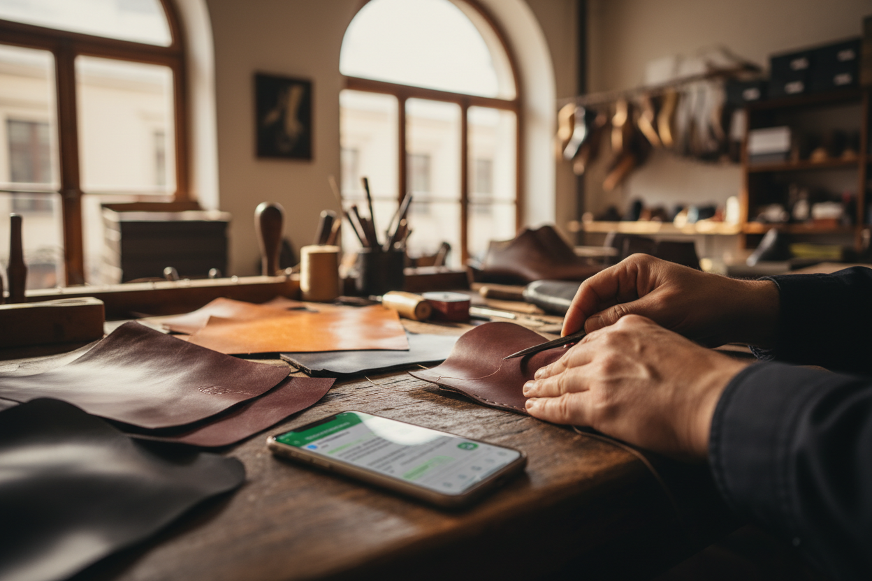 Luxury bespoke shoemaker workspace with premium leather samples, artisan tools, and smartphone showing WhatsApp chat for custom handmade shoe orders
