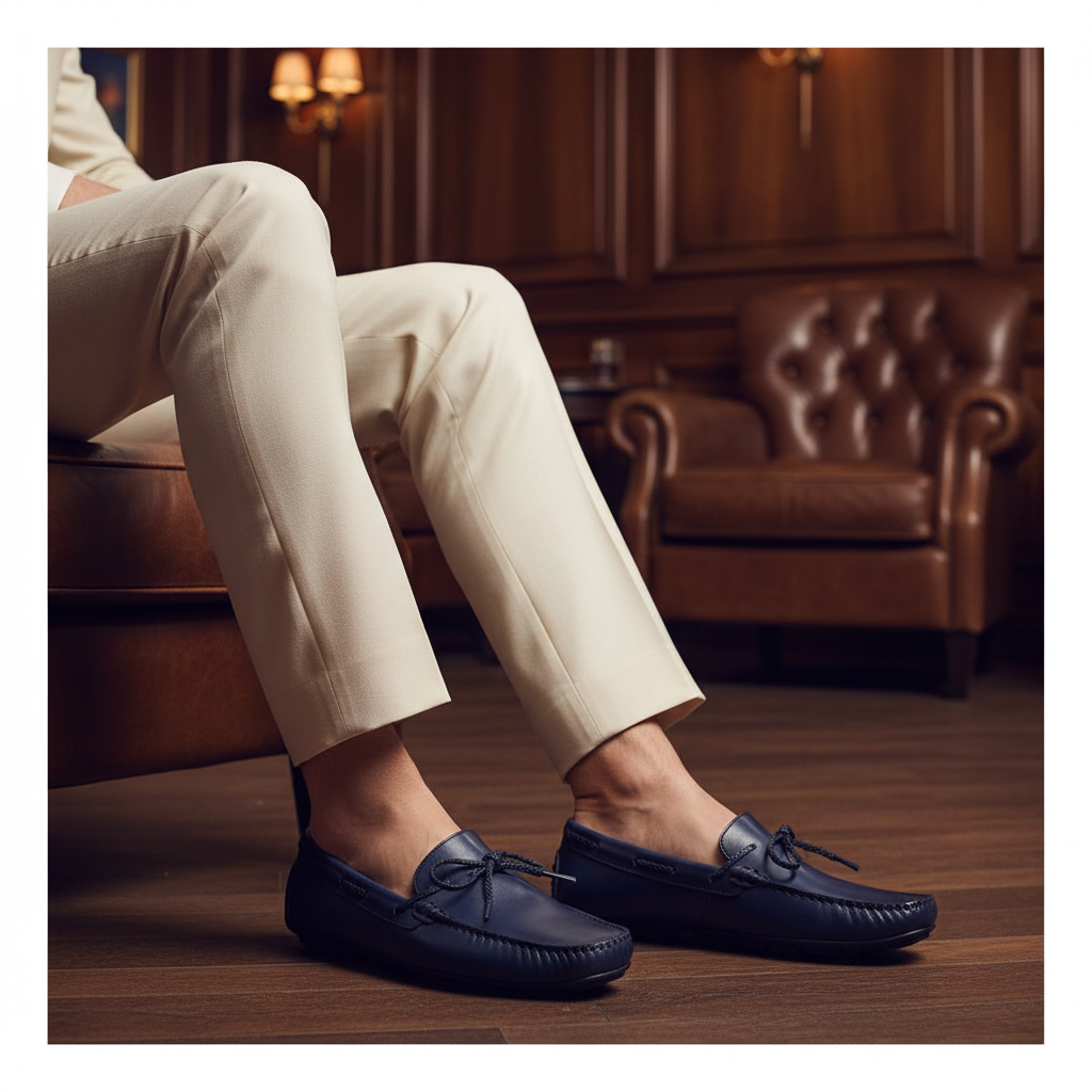 Luxury handmade midnight blue leather moccasins styled with tailored trousers in an old money setting