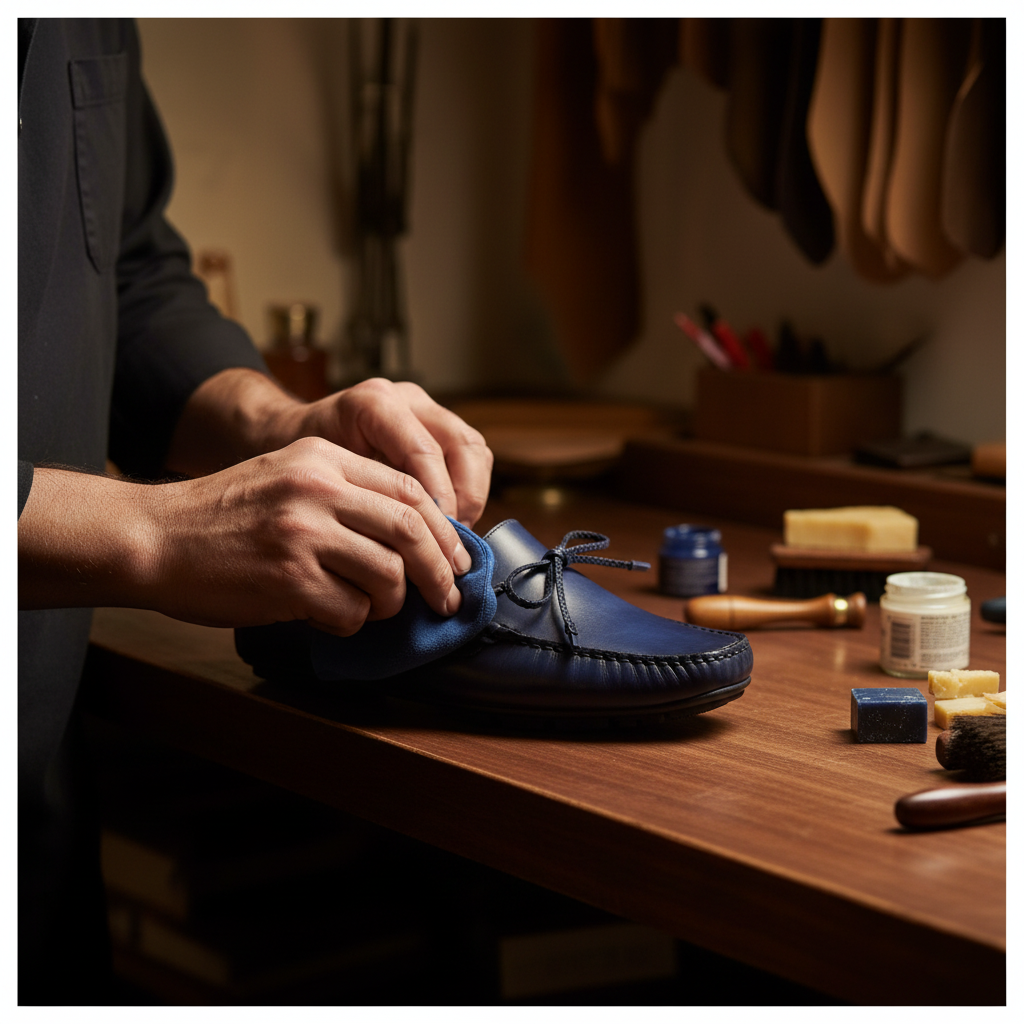 Skilled artisan applying premium wax and hand polishing luxury midnight blue leather moccasins