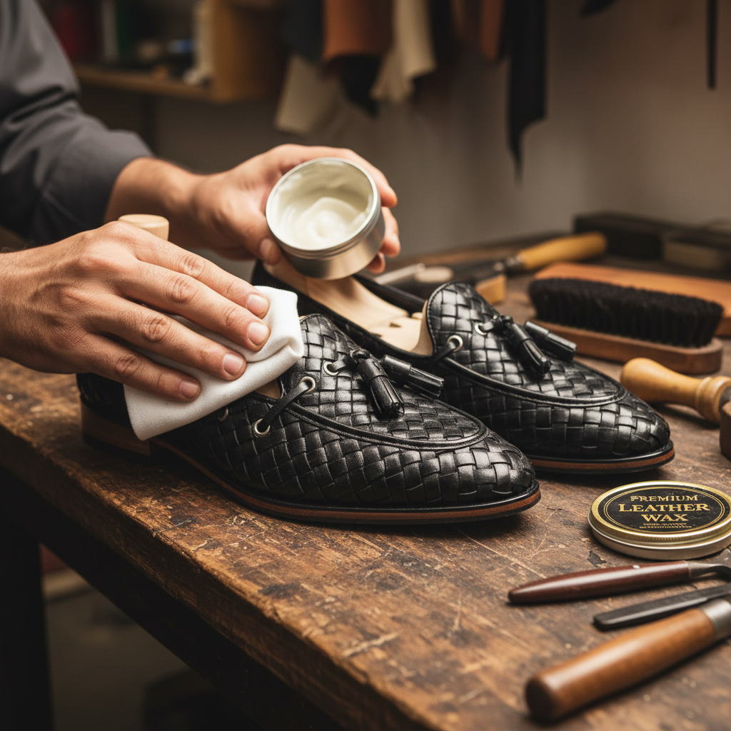 Artisan hand polishing the Brando Black Woven Tassel Loafers with premium finishing products at Marvel Leather.