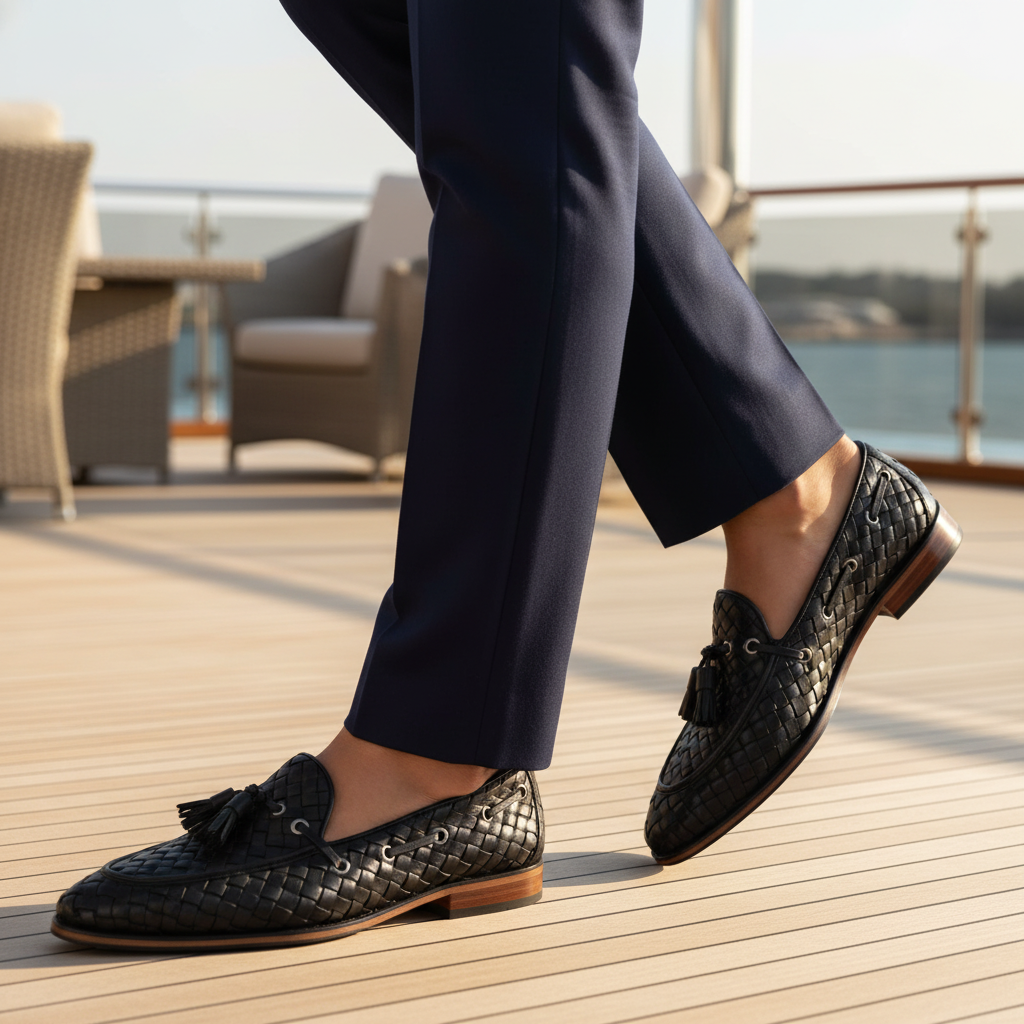 Luxury lifestyle image featuring the Brando Black Woven Tassel Loafers handcrafted by Marvel Leather and worn in an upscale smart-casual setting.