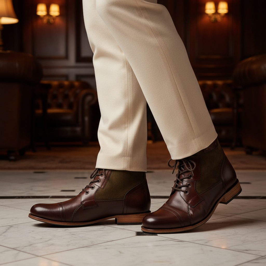 Luxury handmade two tone military inspired boots styled with tailored trousers in an elite old money setting